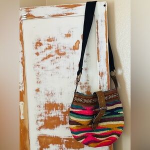 Woven Leather Aztec Bucket Bag multicolor leather and tapestry.